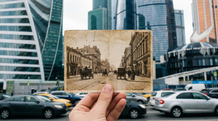 Hand holding an old sepia photo of a historical street scene juxtaposed against modern glass skyscrapers. Concept of time travel, past vs future, and memory.