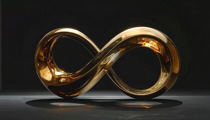 A polished gold infinity sculpture floats against a dark backdrop—evoking timeless elegance, endless possibility, and the luminous tension between form, philosophy, and visual abstraction.