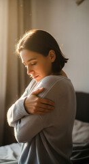 Side profile of a woman hugging herself by a window in golden hour light. Concept of self-love, loneliness, comfort, and mental health awareness.