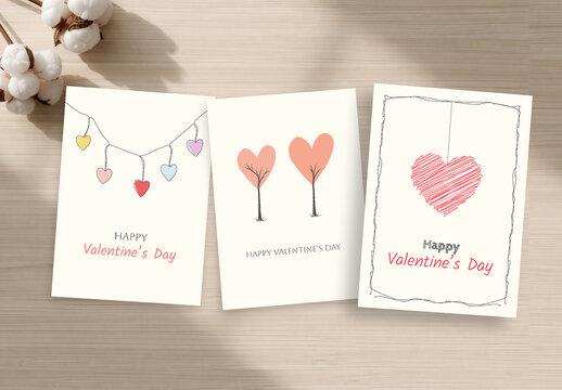 Minimal Valentine&rsquo;s Day Greeting Card Set with Hand Drawn Hearts Illustration