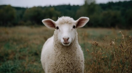 Fototapeta premium Close-up portrait of a white sheep standing in a field. the sheep is facing the camera and is looking directly at the camera with a curious expression.