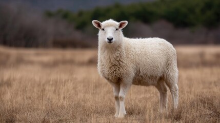 Photograph of a white sheep standing in a field of dry grass. the sheep is facing the camera and is looking directly at the camera with a serious expression.