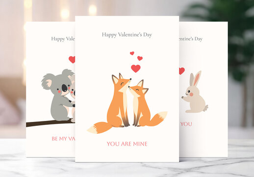 Cute Valentine&rsquo;s Day Animal Couple Greeting Card Set Illustration