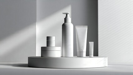 Cosmetic products displayed on a white podium with soft shadows in a minimalist setting
