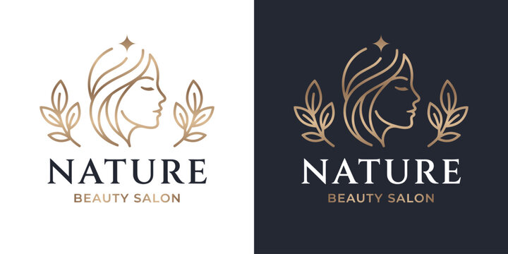 Beauty salon logo design illustration. Abstract design of a woman's face inspired by a leaf icon symbol in a minimalist line style