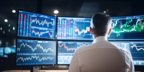 Stock market trader screen monitor office analytics graph business finance investment