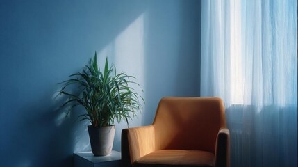 Obraz premium Corner of a room with a blue wall and a window with sheer white curtains. on the left side of the image, there is a potted plant with long green leaves. next to the plant is an orange armchair.