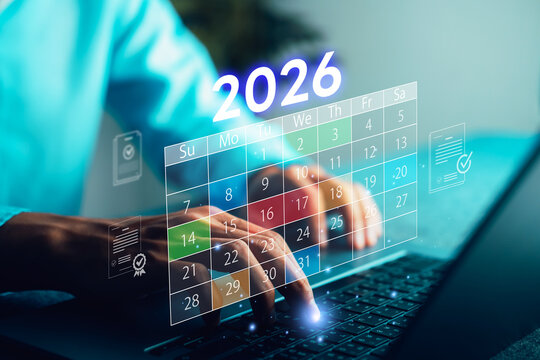 2026. Business planning concept with digital calendar interface, global technology and growth icons. Hands using laptop symbolize future strategy, scheduling, financial forecasting .