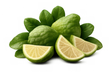 Bergamot citrus fruits with fresh green leaves and two slices, food ingredient and aromatherapy essential oil concept