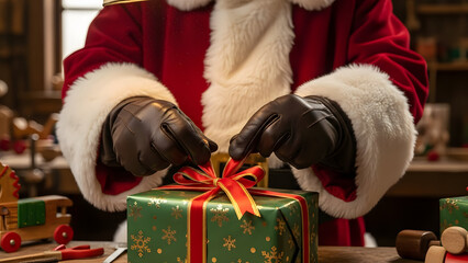 Santa's Gift of Giving: Capturing a close-up view of a hands in black glove wrapping a Christmas gift, a symbol of generosity and cheer.