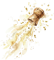 Watercolor Celebration Champagne Cork Explosion with Golden Confetti Illustration © Elvectory