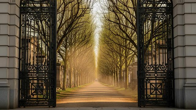 Golden afternoon glow illuminates tranquil pathway through ornate iron gate