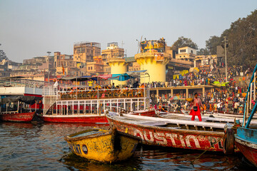 Pilgrims Gather at the ghats for Holy Bath at Maha Kumbh Mela, Varanasi, India