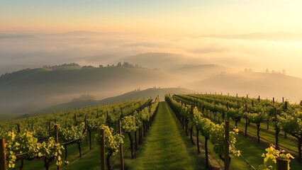 passphrase. Nebbiolo grape vineyard on Piedmont hillside with morning fog and rolling hills. travel magazines, destination branding, designed for outdoor magazines and nature guides.
