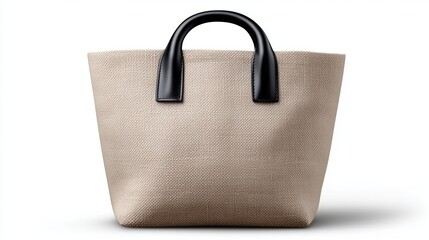 minimal Eco-friendly tote bag mockup black handles. textured linen body, reinforced leather handles