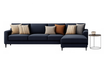 Modern navy blue l-shaped sectional sofa featuring patterned and solid throw pillows, complete with a minimalist side table