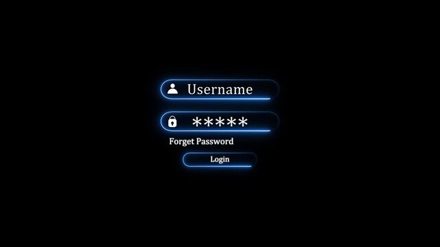 Abstract neon typing User name log in form selects with password system. Blue neon username and password input login animation on screen motion graphic.