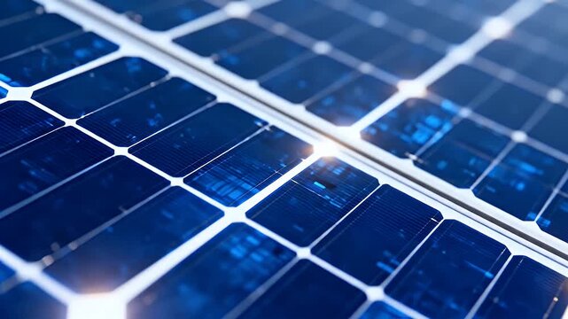 Close-up view of blue solar panels reflecting sunlight, showcasing renewable energy technology and sustainable power generation.