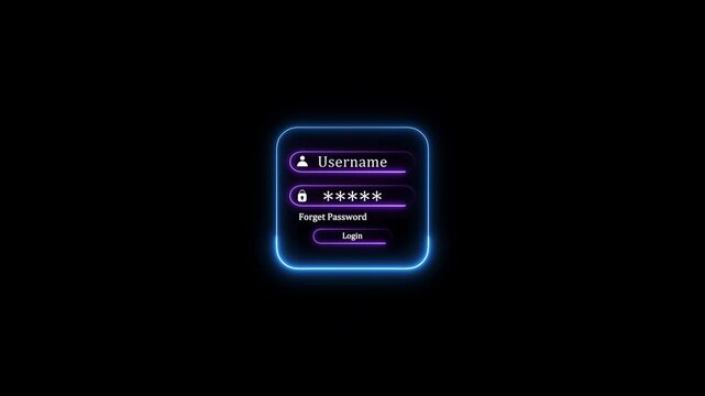 Abstract neon typing User name log in form selects with password system. Violet neon username and password input login animation on screen motion graphic.