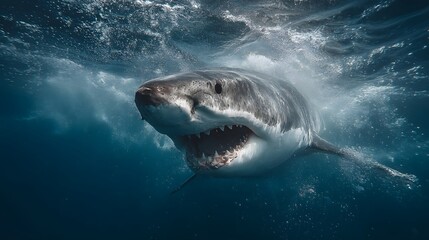 Fototapeta premium Frighteningly realistic close-up depicts a Great White Shark underwater with jaws wide open revealing sharp teeth and deep blue water.