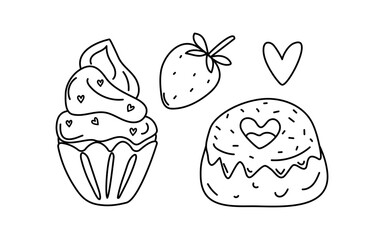 Valentine's Day. Cupcake, berries, strawberries, pastries. Set of hand-drawn doodle icons. Heart shape, dessert, cake, pastries.