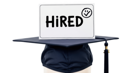 Graduation cap with a sign saying hired and a smiley face text