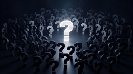 Mysterious Central Question Mark Surrounded by Dark Query Symbols in a Dimly Lit Room