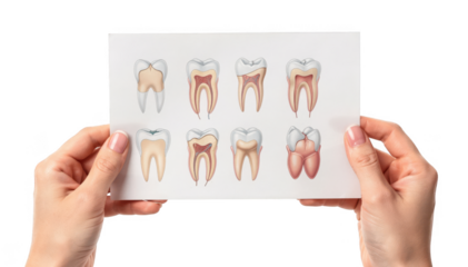 Closeup of hands holding a detailed patient education handout illustrating common tooth shape variations against a neutral background.