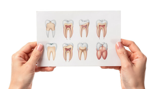Closeup of hands holding a detailed patient education handout illustrating common tooth shape variations against a neutral background.