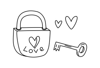 Valentine's Day. Heart shape. Lock and key. Hand lettering, Valentine, love. Set of hand-drawn doodle icons. Vector illustration. Isolated background.