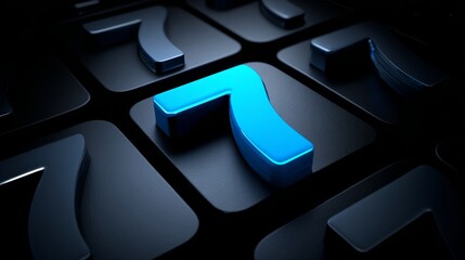 Blue number seven glowing amid black number sevens on dark background, abstract numeric pattern with contrast, horizontal layout with copy space for technology, data, concept design