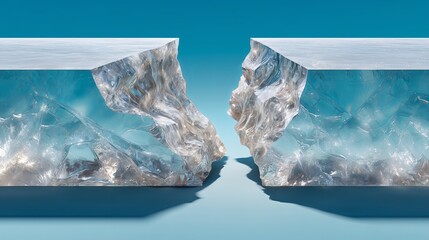 Skewed icy formations and reflective surfaces emphasize urgent need for climate action