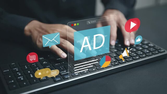 Online advertising concept. Businessman type keyboard with online advertising on digital screen for programmatic Advertising cross targeting.