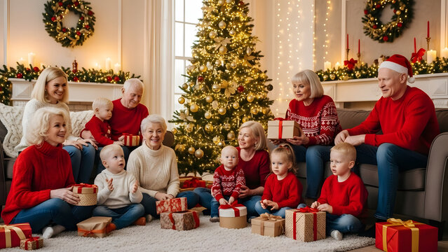 Christmas Family Gathering: A joyful family gathers in a cozy, festive living room, surrounded by presents and a beautifully decorated tree, celebrating the holiday season together.