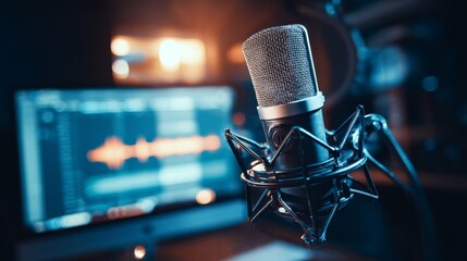 Podcast microphone, studio audio equipment, home recording setup with pop filter and computer monitor for professional podcasting, streaming, online content creation and digital media production