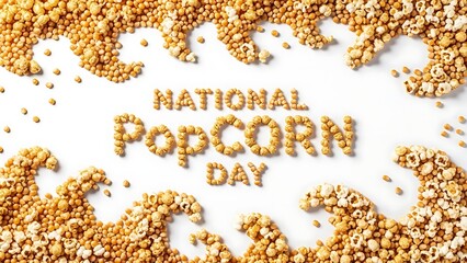 Celebration of national popcorn day concept creatively spelled out using popped corn kernels and unpopped kernels arranged in wavy patterns on a bright white background for a festive holiday message