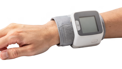Closeup of an arm wearing a digital blood pressure cuff on white showing morning selfmonitoring routine for cardiovascular health at home.