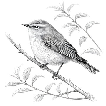 Common warbler bird perched on a leafy branch, classical line art engraving style, monochrome nature illustration for botanical themes