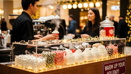 Festive Beverage Station: A holiday season scene at a beverage station, where barista serving a delightful beverage to a female customer. surrounded by an array of treats and decorations.