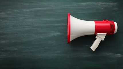 Red white megaphone announcement concept on blackboard background with copy space, business communication symbol for marketing promotion, education notice and public message layout