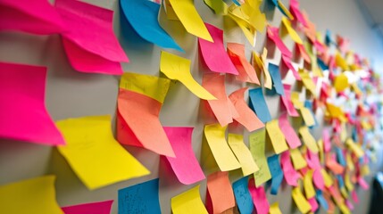 Wall fully covered with multi colored sticky notes for project planning, brainstorming and task tracking. Colorful notes represent creative ideas and efficient business strategy in office