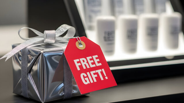 Free Gift Wrapped for You: A beautifully wrapped gift box with a prominent 'Free Gift!' tag sits enticingly, offering a gesture of generosity and delight. The scene is tastefully arranged