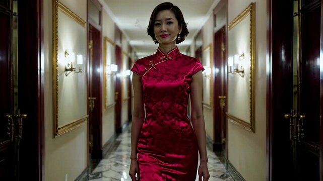 Women in cheongsam walking in the corridor material Cheongsam women walking gracefully