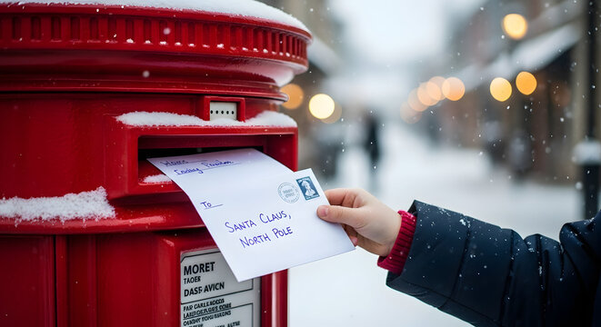 Letter to Santa: A hand delicately inserts a letter into a classic red postbox amidst a serene winter scene, evoking nostalgic warmth.