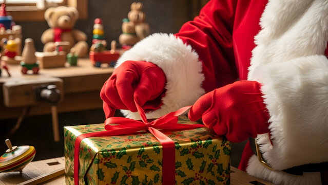 Santa Claus Preparing a Present: Up-close view of a generous figure in a red suit wrapping a beautifully adorned present. Embracing the essence of giving and festive spirit.