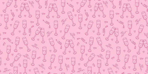 Seamless pattern. Wine glass, Alcohol, champagne. Valentine's Day, wedding. Set of hand-drawn line icons, doodles. Heart shape, arrows. Vector repeating background.