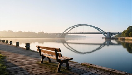 Wooden riverside bench facing calm misty arch bridge