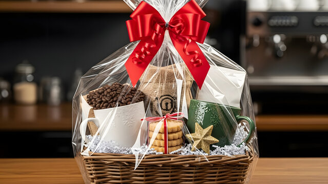 Coffee Delight Gift Basket: A beautifully arranged gift basket overflowing with coffee beans, a ceramic mug, and delectable cookies, perfect for any coffee lover's delight.