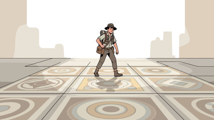 Adventurer Exploring Ancient Ruins With Backpack And Hat In Hot Desert Landscape