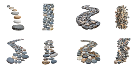 Collection of Pebbles scattered in a Zen garden, each one placed with calm precision. full length isolate on transparent background